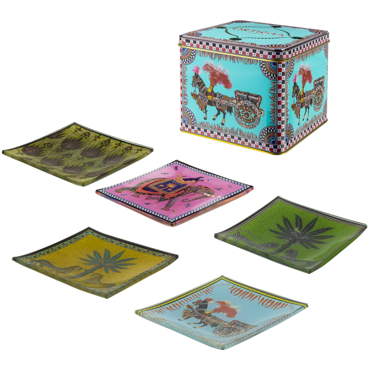 Tin and 5 Glass Plate Set