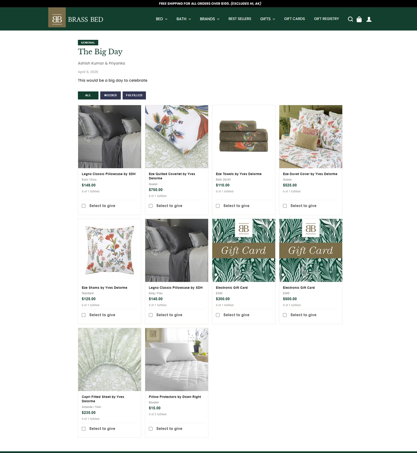Registry view with Select to give checkboxes and sticky cart bar