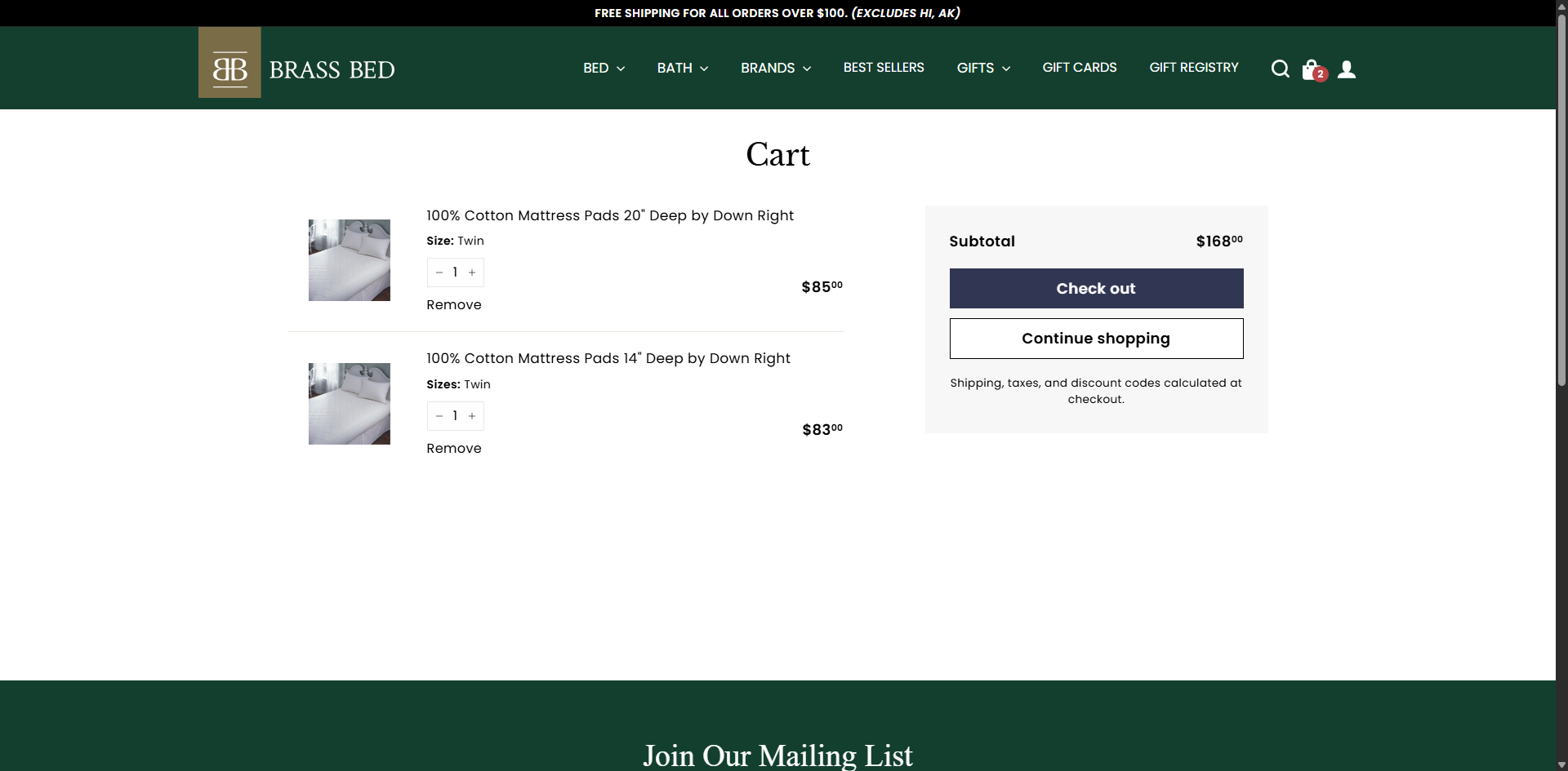Cart page showing two registry items with Twin size and a Check out button