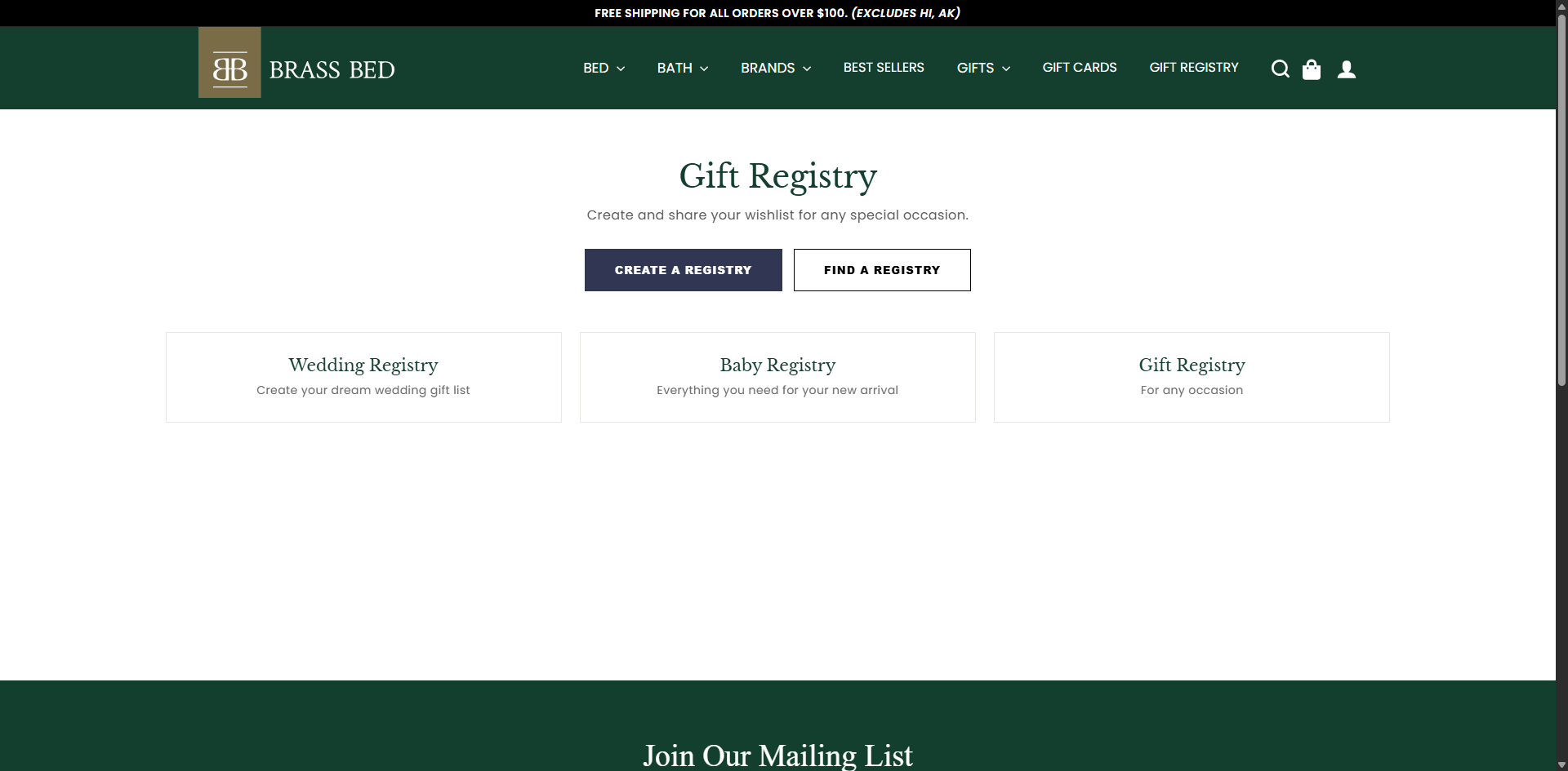 Gift Registry landing page with Create a Registry and Find a Registry buttons