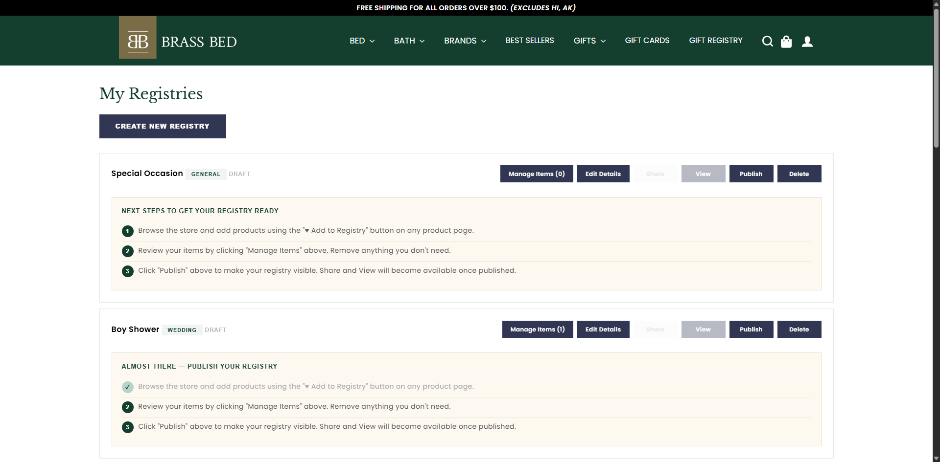 My Registries dashboard with action buttons and next-steps guide