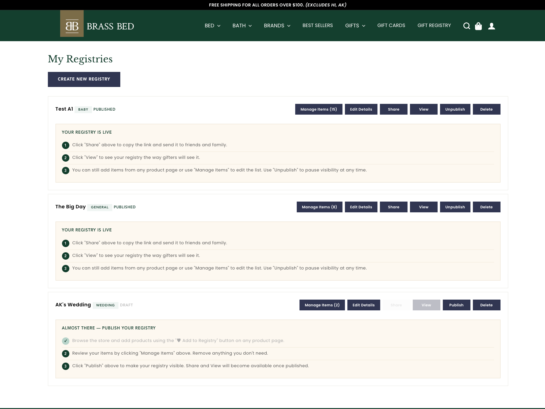 Published registry card with Share, View, and Unpublish buttons all active