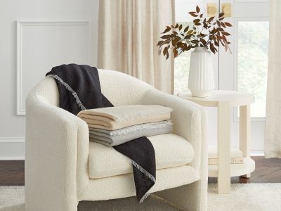 Monterosa Throw Colors:
Black on the chair
Stack: Top= Ivory
      Bottom=Grey